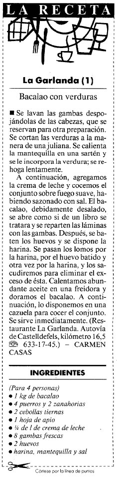 Recepta de bacall amb verdures del restaurant 'La Garlanda' de Gav Mar publicada al diari LA VANGUARDIA (3 Abril 1999)